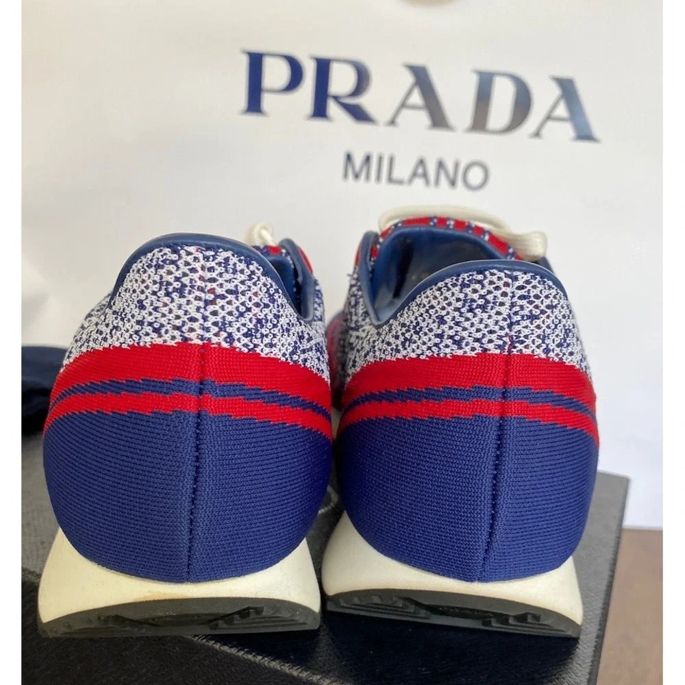 PRADA 2EG272 RED‎ BLUE FABRIC TRAINERS KNIT LOGO LACE UP SNEAKERS UK 7